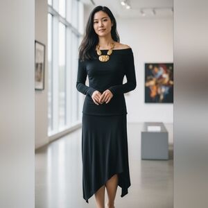 PACO RABANNE stretchy black midi with asymmetrical hemline thumb holeNWT!